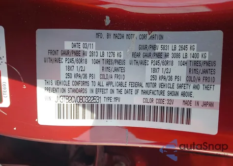 2011 Mazda Cx-9 Touring from USA, damaged, VIN JM3TB2CV0B0322531